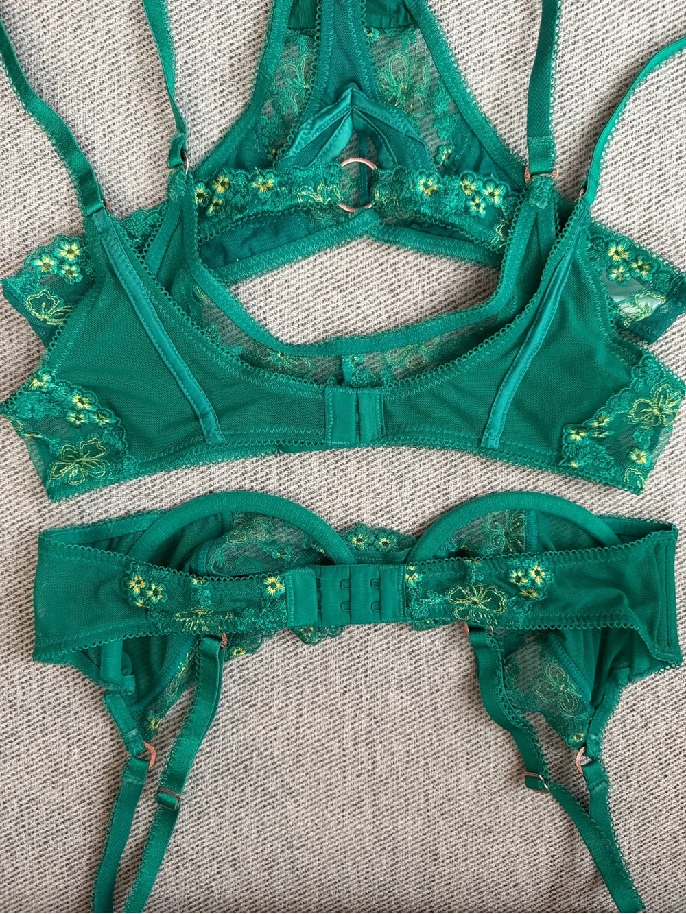 Elegant Green Floral Embroidered Lingerie Set